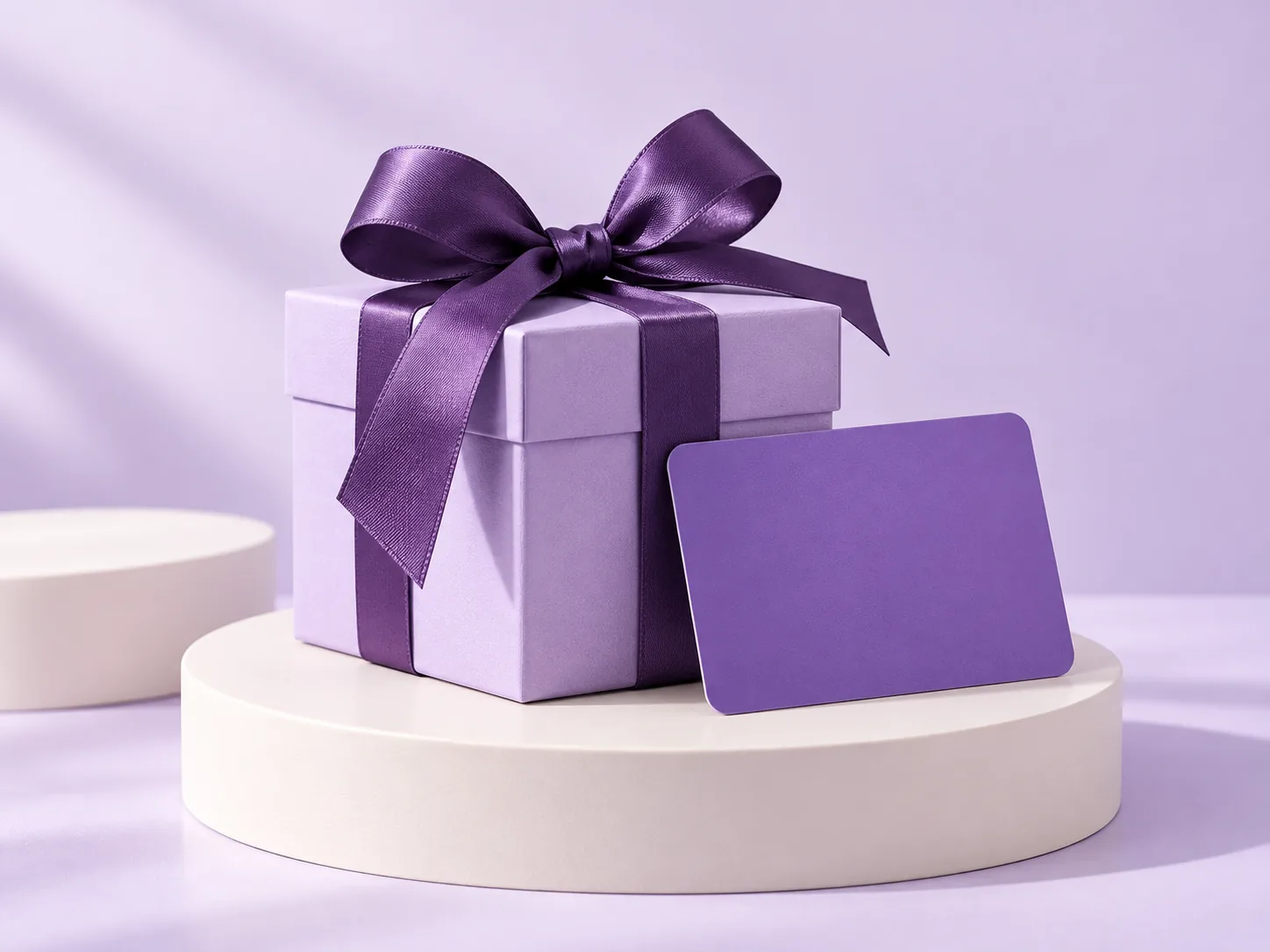 Caixa de presente em lavanda com laço roxo e cartão ilustrativo sem marca.