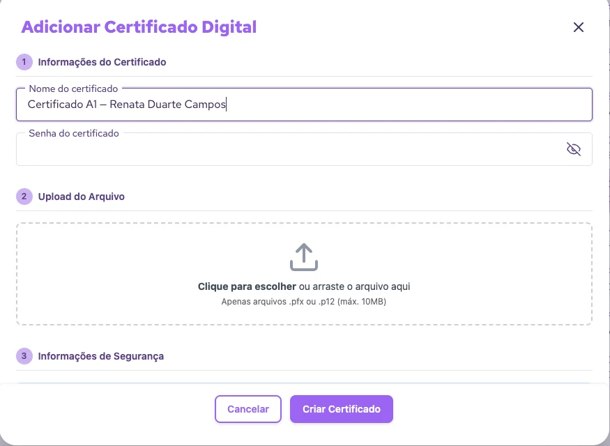 Modal "Adicionar Certificado Digital" com os campos de nome do certificado, senha e a área de upload do arquivo .pfx ou .p12.