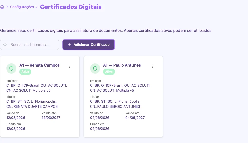 Tela Certificados Digitais da Mais Terapias com um certificado cadastrado, a etiqueta Ativo, o emissor, o titular e o período de validade.