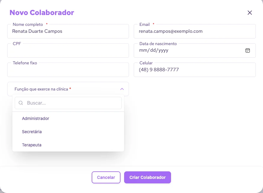 Formulário de novo colaborador da Mais Terapias, com nome, e-mail, função, área de atuação e número do conselho.