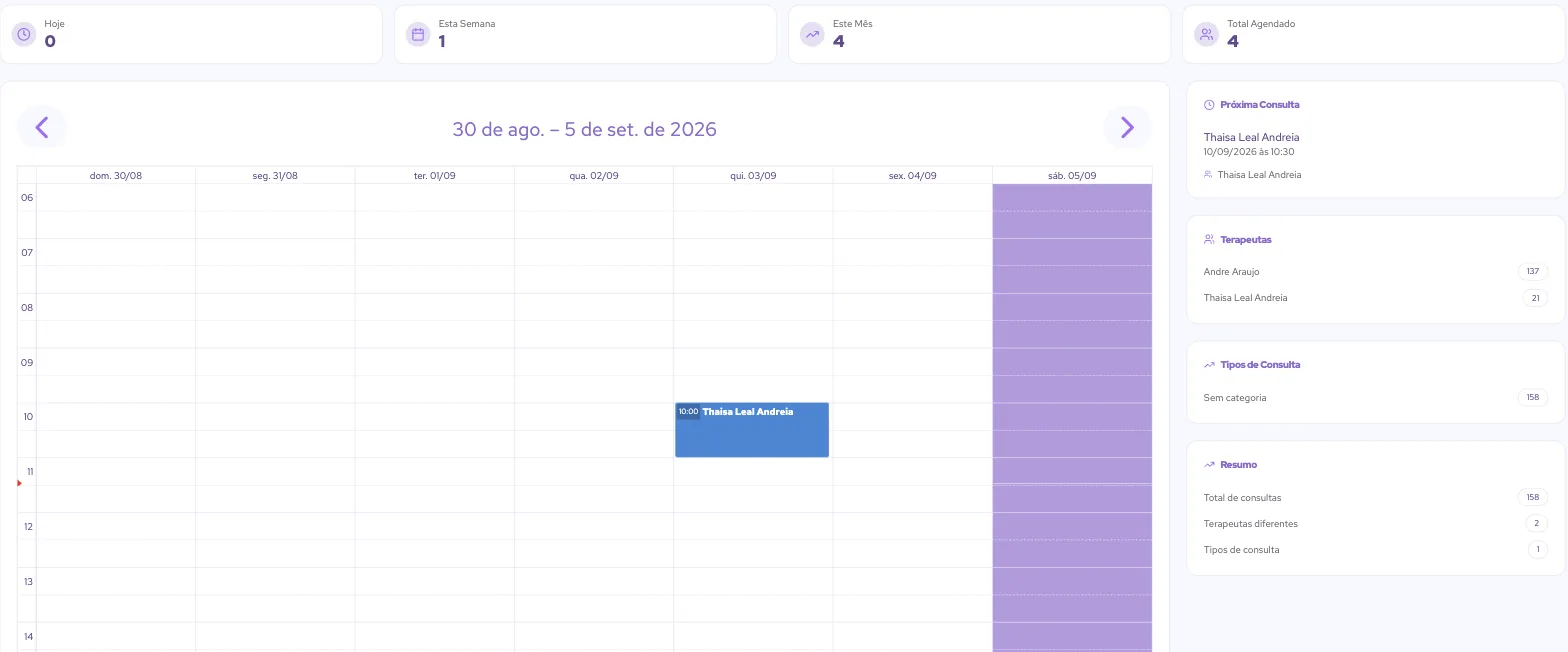 Portal do paciente na Mais Terapias, com os contadores de consultas de hoje, da semana e do mês, o calendário semanal com a sessão agendada e o cartão da próxima consulta.