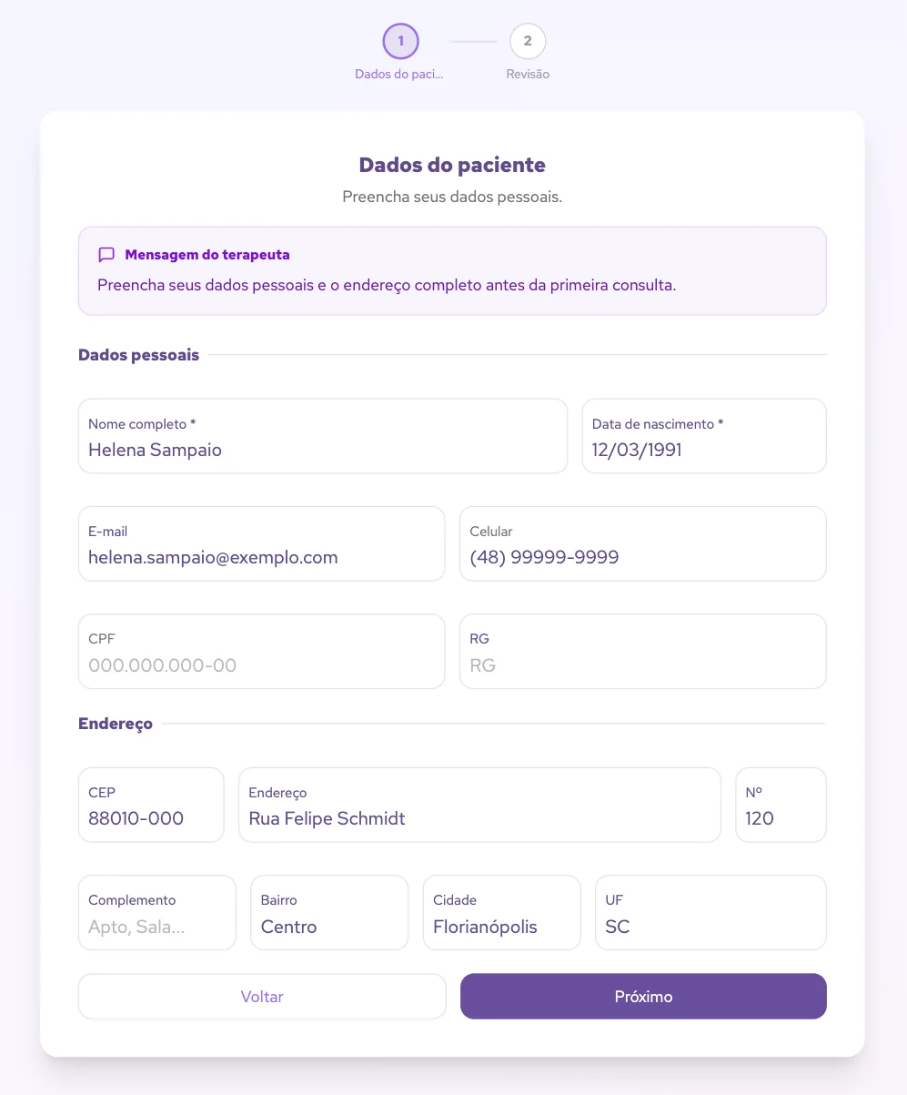 Tela que o paciente vê ao abrir o link de preenchimento no celular, com o formulário guiado por etapas.