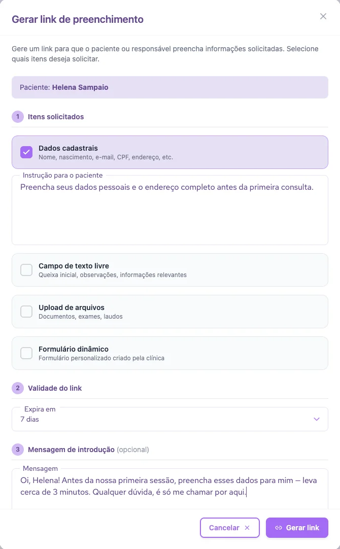 Janela "Gerar link de preenchimento" da Mais Terapias, com os itens solicitados, as instruções para o paciente e a validade do link.