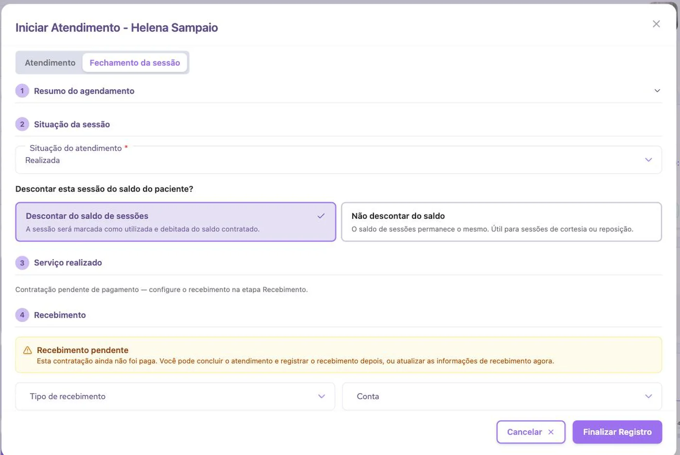 Tela de fechamento da sessão na Mais Terapias, com a situação do atendimento, a opção de descontar ou não a sessão do saldo do paciente e o aviso de recebimento pendente.