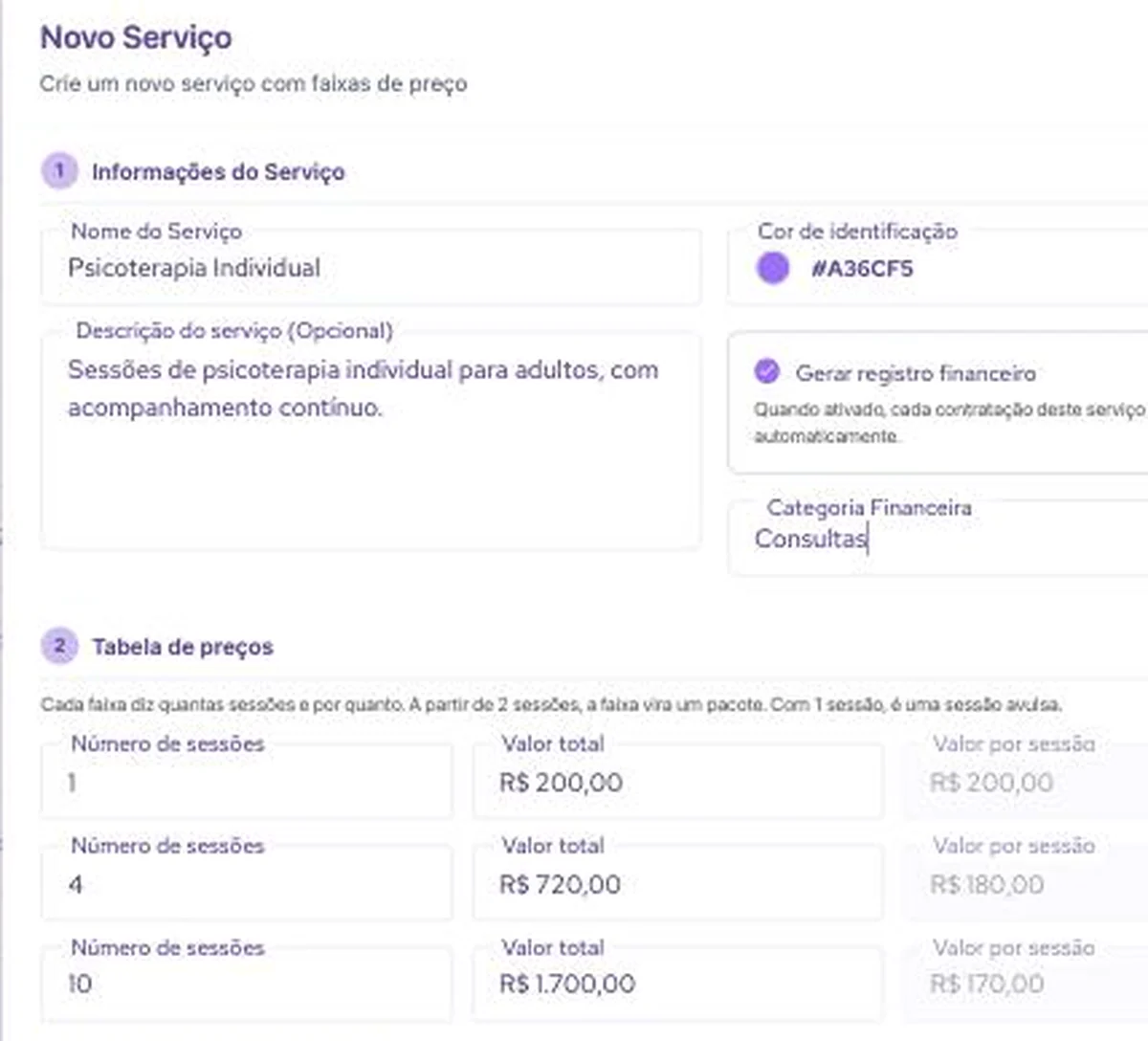 Formulário Novo Serviço com nome, categoria financeira e três faixas de preço, com o valor por sessão calculado automaticamente