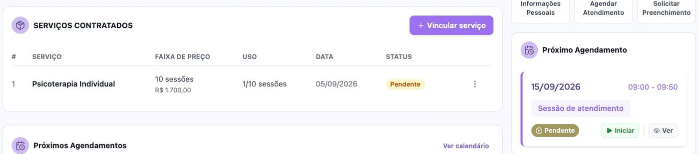 Tabela Serviços contratados mostrando o uso 1/10 sessões, e o card lateral do serviço com a barra de sessões