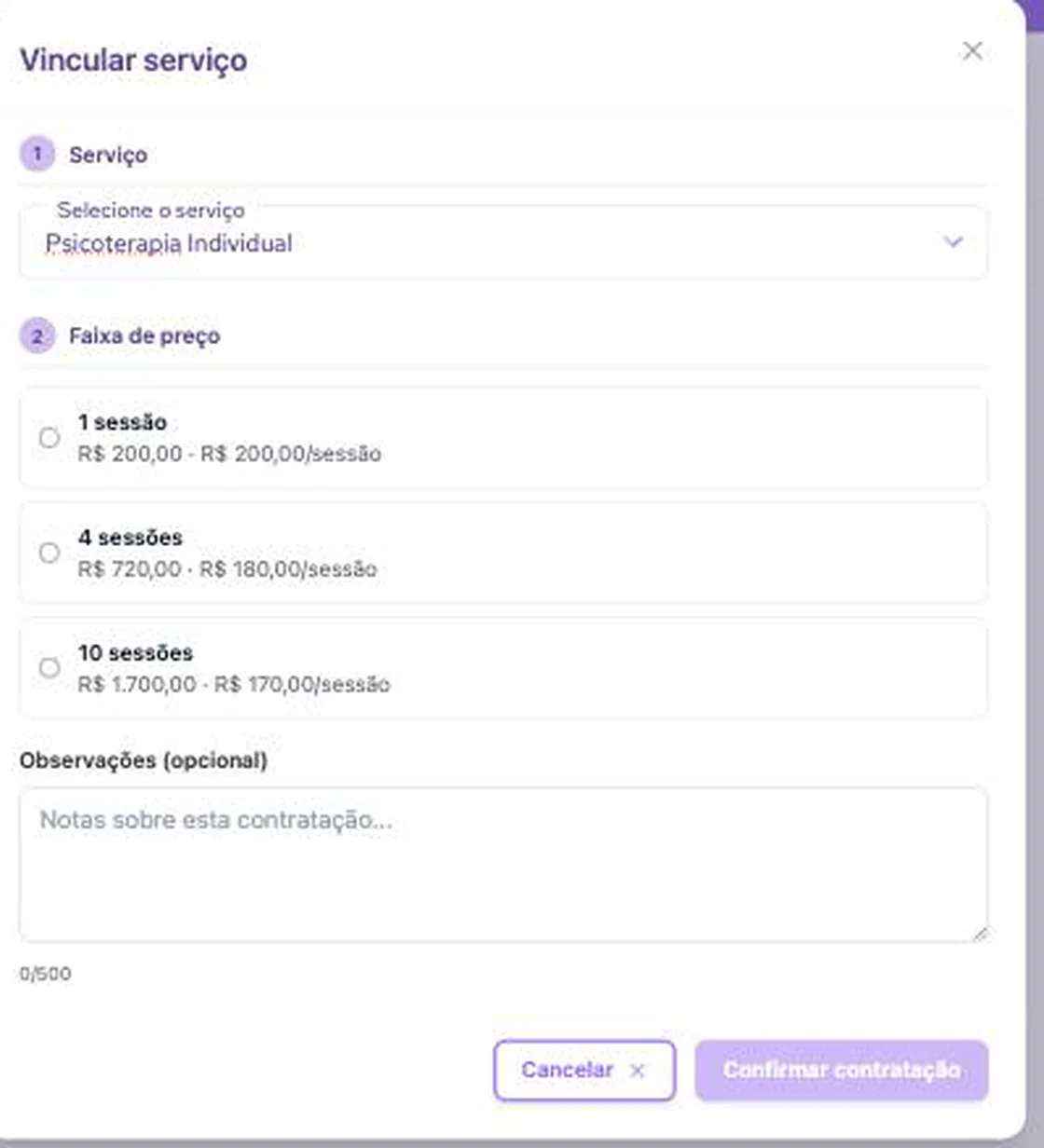 Modal Vincular serviço com as faixas de 1, 4 e 10 sessões e o valor por sessão de cada uma