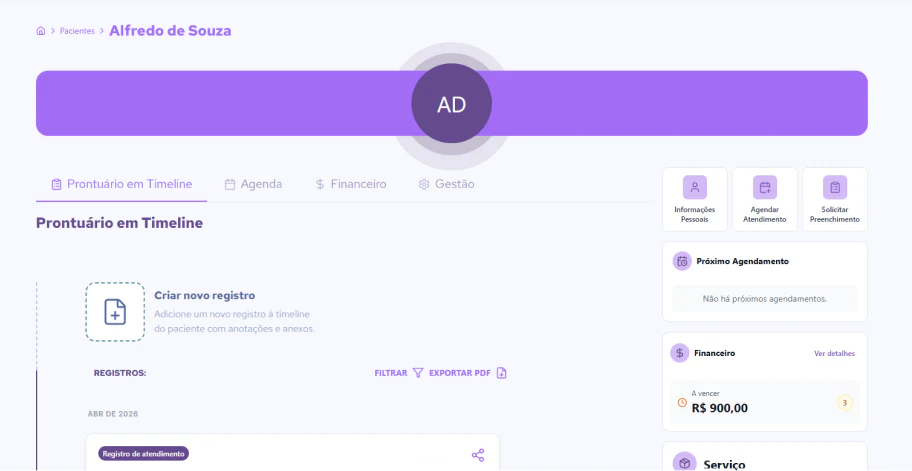 Perfil do paciente na Mais Terapias, com as abas Prontuário em Timeline, Agenda, Financeiro e Gestão, o botão de criar novo registro e o atalho de exportar em PDF.