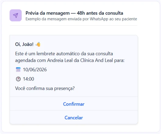Prévia da mensagem enviada por WhatsApp 48 horas antes da consulta, com data, horário, a pergunta “Você confirma sua presença?” e os botões Confirmar e Cancelar.
