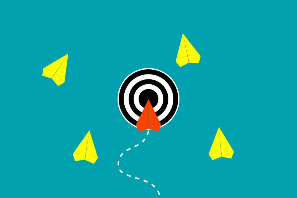 Leadership, effectivity, completion, reaching or achieving target or objective. Red paper plane landing on target, yellow planes off target.