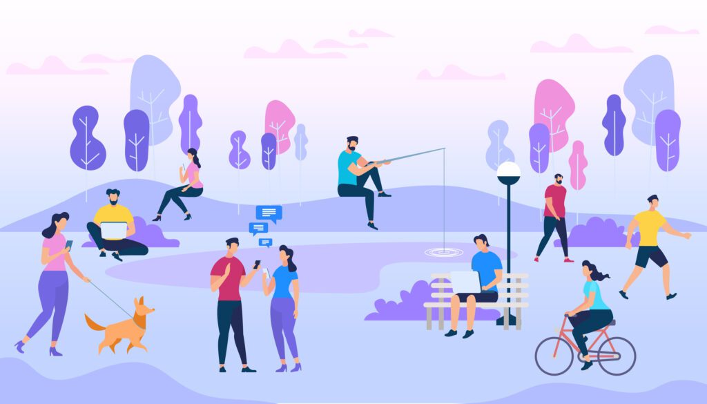 People Crowd Outdoors. Active Men and Women Walk