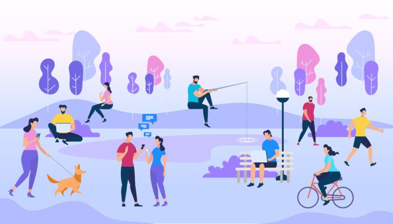 People Crowd Outdoors. Active Men and Women Walk