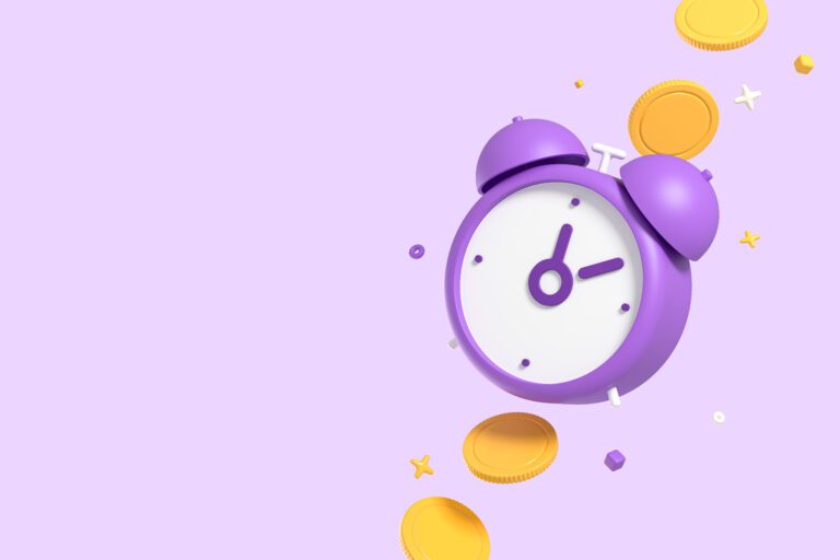 Time is money concept. Mockup banner with Alarm Clock and Coins. Online payment and tax time reminder. Poster with empty copy space for text and promotion isolated on purple background. 3D Rendering
