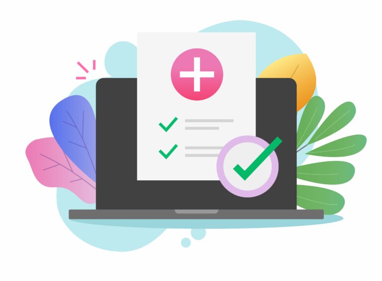 Medical online check list approved with checkmarks or medicine healthcare internet results document on laptop computer vector flat cartoon, illustration of digital checkup or diagnostic or insurance