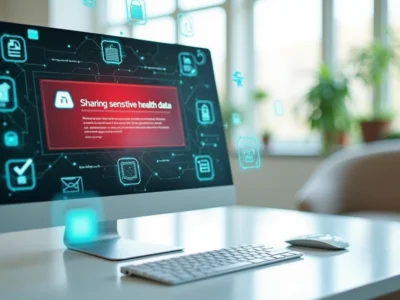 Computador moderno exibindo alerta de segurança sobre compartilhamento de dados sensíveis de saúde