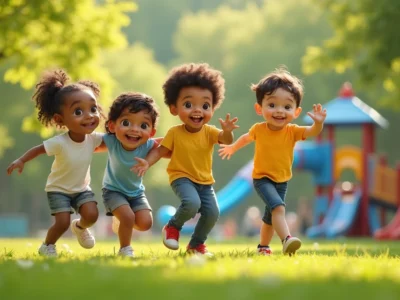 Crianças pequenas brincando juntas em um parque, mostrando diversidade étnica, em um dia ensolarado com árvores ao fundo