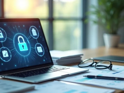 Mesa de trabalho com laptop aberto mostrando tela de prontuário digitalizado e documentos médicos organizados ao lado