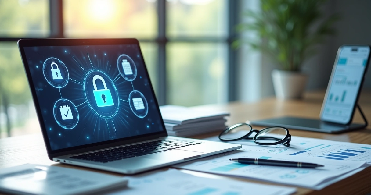 Mesa de trabalho com laptop aberto mostrando tela de prontuário digitalizado e documentos médicos organizados ao lado