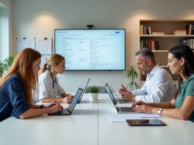 Equipe multidisciplinar reunida em escritório moderno colaborando com tablets e laptops