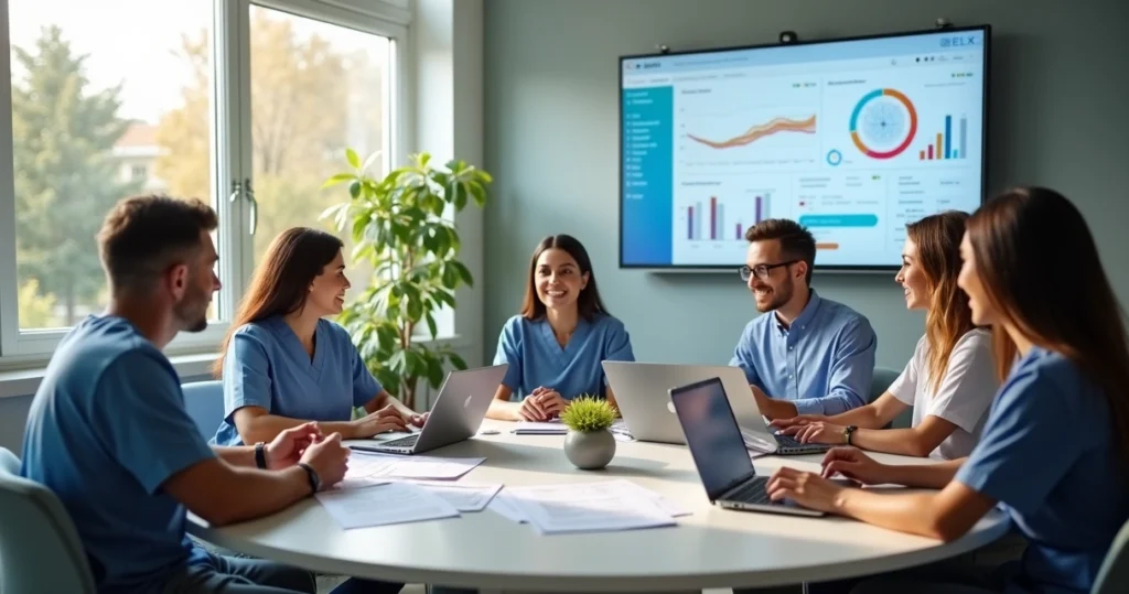 Equipe multidisciplinar de terapeutas reunida em sala clara com notebooks e tablets, discutindo estratégias de reabilitação