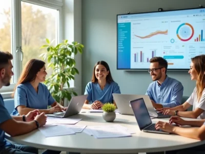 Equipe multidisciplinar de terapeutas reunida em sala clara com notebooks e tablets, discutindo estratégias de reabilitação