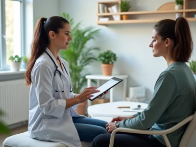 Terapeuta registrando informações clínicas em prontuário digital durante atendimento a paciente em ambiente terapêutico organizado