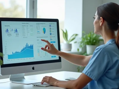 Terapeuta usando computador com interface digital de inteligência artificial na reabilitação, ambiente de consultório claro e organizado, tela mostrando prontuário eletrônico e gráficos clínicos, cade