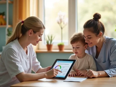 Terapeuta com criança e mãe discutindo plano de reabilitação em ambiente clínico iluminado e acolhedor