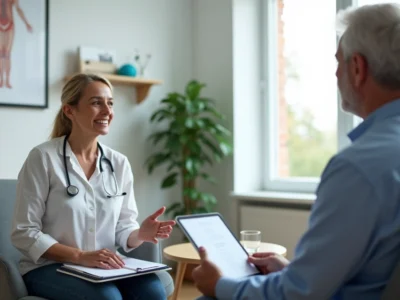 Terapeuta de reabilitação ouvindo atentamente paciente em sessão clínica