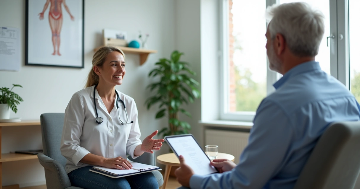 Terapeuta de reabilitação ouvindo atentamente paciente em sessão clínica