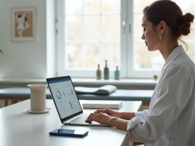 Fisioterapeuta autônomo usando software de gestão no notebook ao lado de paciente em consultório