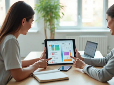 Terapeuta de reabilitação mostrando plano terapêutico digital para paciente em tablet