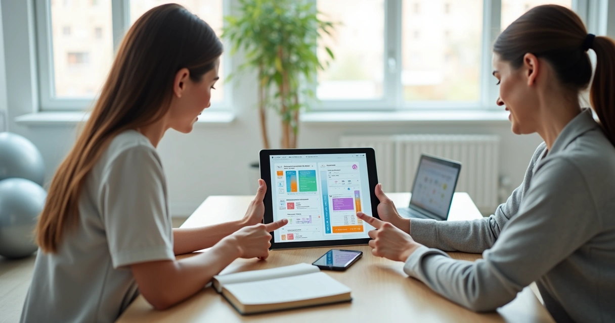 Terapeuta de reabilitação mostrando plano terapêutico digital para paciente em tablet