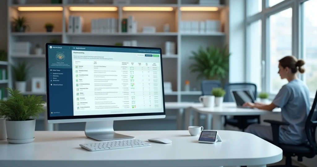 Tela de computador com inteligência artificial aprovando renovação de receita médica sob supervisão remota de profissional de saúde