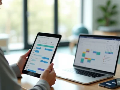 Terapeuta organizando agenda clínica durante um intervalo no consultório