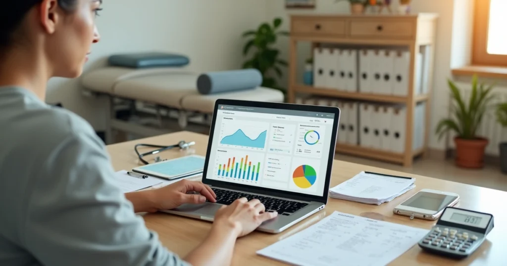Terapeuta analisa finanças de clínica de reabilitação em laptop com gráficos e prontuário digital