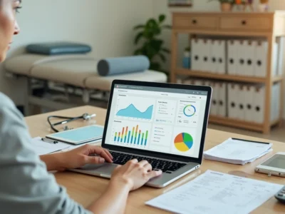 Terapeuta analisa finanças de clínica de reabilitação em laptop com gráficos e prontuário digital