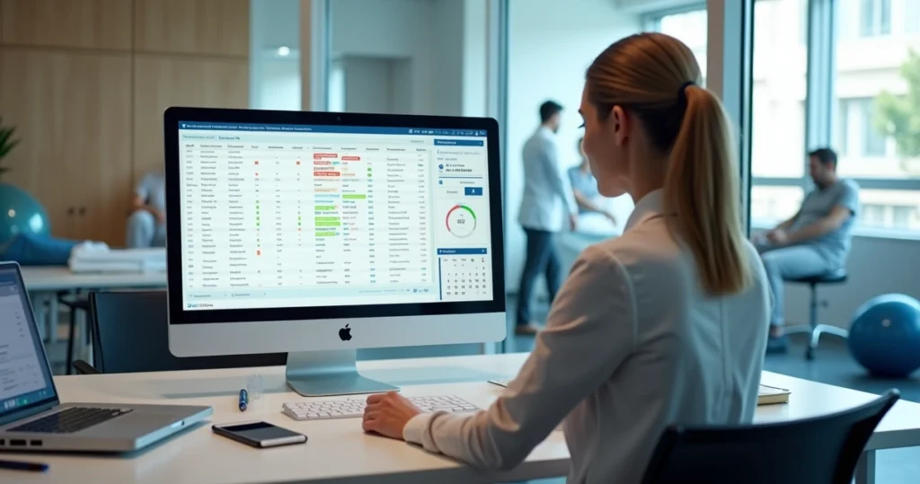 Gestor de clínica analisando no computador os registros clínicos atualizados da equipe