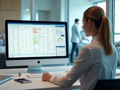 Gestor de clínica analisando no computador os registros clínicos atualizados da equipe