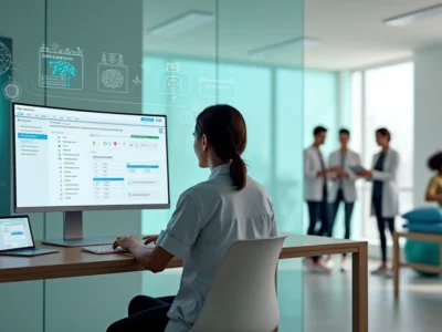 Terapeuta de reabilitação usando prontuário eletrônico com recursos de IA em clínica moderna