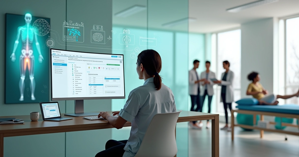Terapeuta de reabilitação usando prontuário eletrônico com recursos de IA em clínica moderna