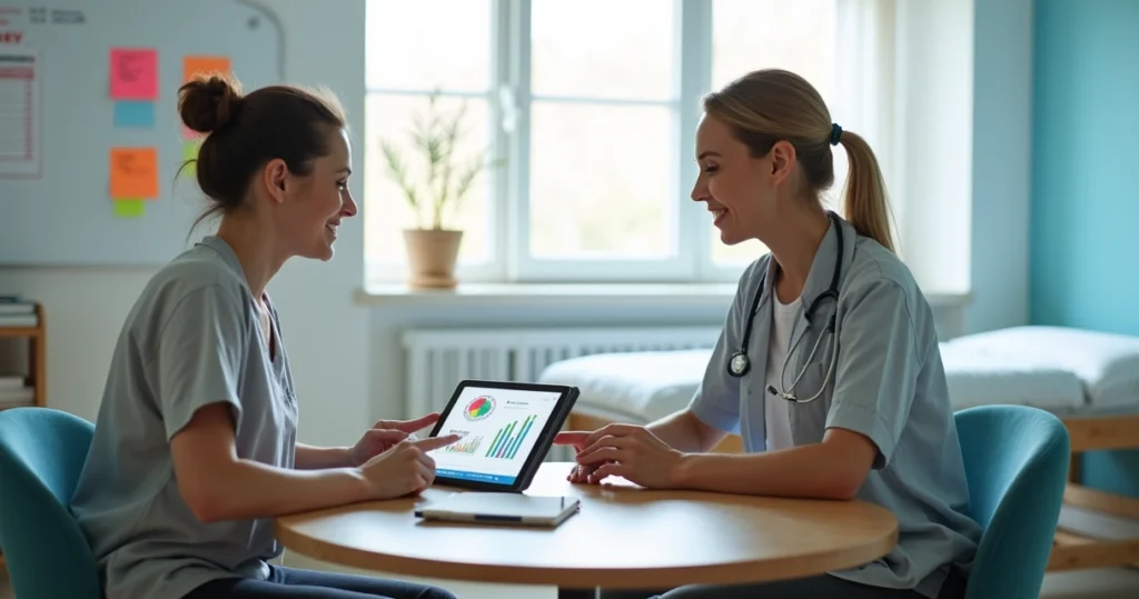 Terapeuta de reabilitação conversando com paciente que participa ativamente do plano de tratamento