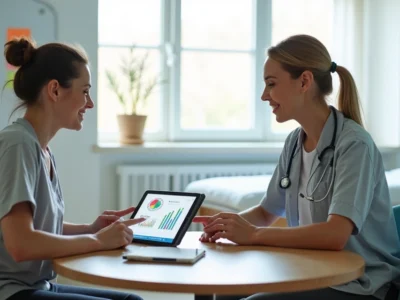 Terapeuta de reabilitação conversando com paciente que participa ativamente do plano de tratamento