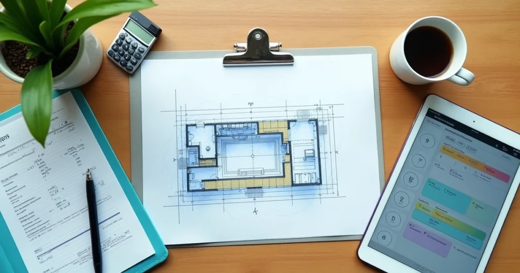 Vista de cima de mesa organizada com plantinha, carimbo profissional e tablet mostrando planta baixa de clínica de reabilitação