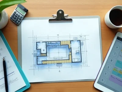 Vista de cima de mesa organizada com plantinha, carimbo profissional e tablet mostrando planta baixa de clínica de reabilitação