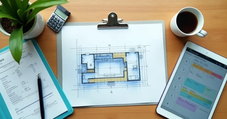 Vista de cima de mesa organizada com plantinha, carimbo profissional e tablet mostrando planta baixa de clínica de reabilitação