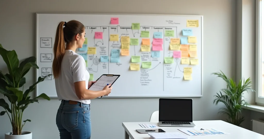 Terapeuta de reabilitação em pé diante de quadro colorido com organograma financeiro da clínica