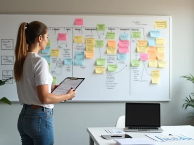 Terapeuta de reabilitação em pé diante de quadro colorido com organograma financeiro da clínica