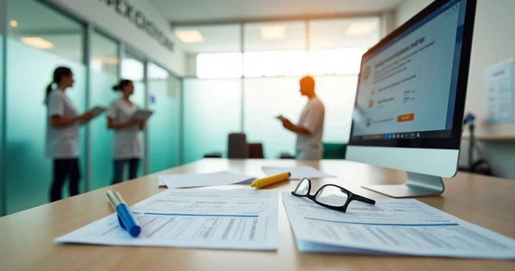 Mesa de recepcao de clinica com documentos do CNES destacados
