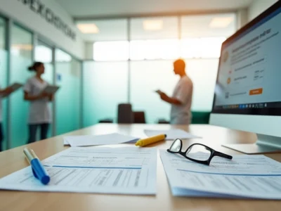 Mesa de recepcao de clinica com documentos do CNES destacados